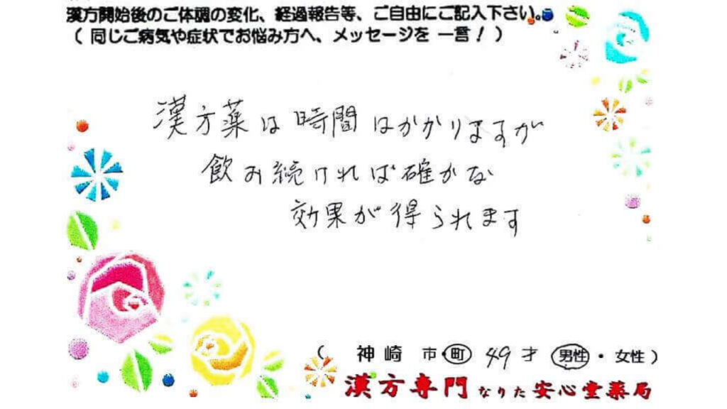 口臭、胃部不快、倦怠感の症状でご相談に来られた、神崎町在住の49才男性。漢方相談で体調改善を実感されたご相談者様の直筆体験談（なりた安心堂薬局）　