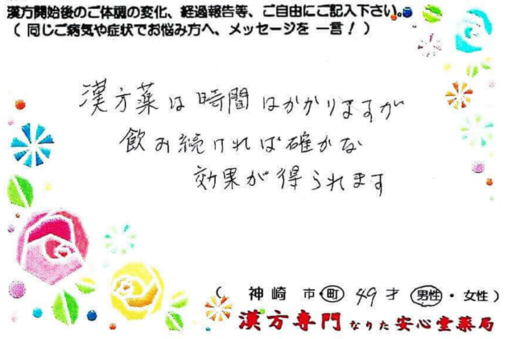 口臭、胃部不快、倦怠感の症状でご相談に来られた、神崎町在住の49才男性。漢方相談で体調改善を実感されたご相談者様の直筆体験談(なりた安心堂薬局)
