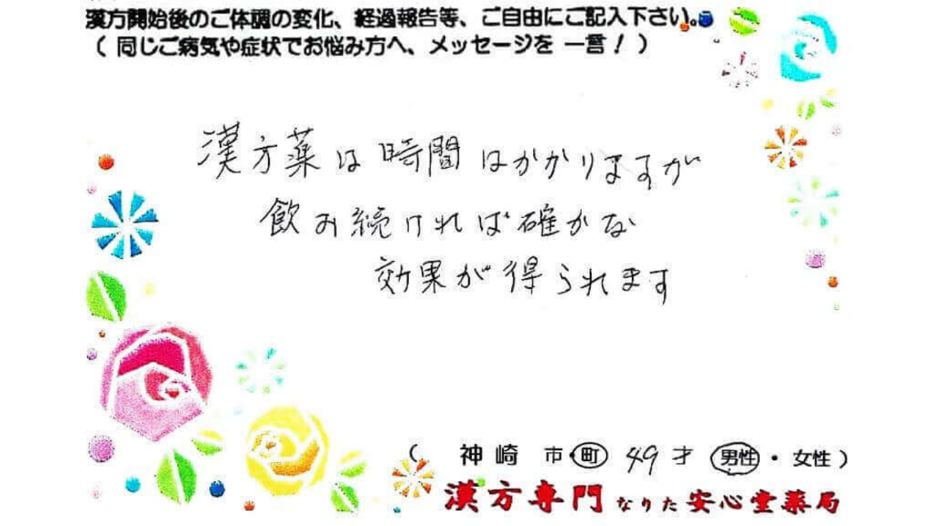 口臭、胃部不快、倦怠感の症状でご相談に来られた、神崎町在住の49才男性。漢方相談で体調改善を実感されたご相談者様の直筆体験談（なりた安心堂薬局）　