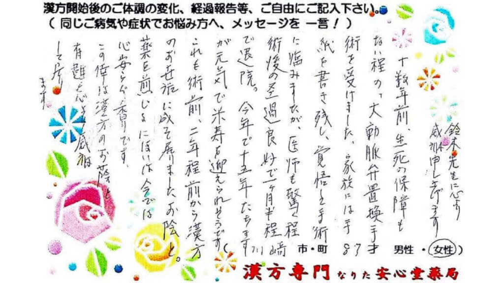 大動脈弁狭窄症の症状でご相談に来られた川崎市在住の87才女性。置換手術後13年。煎じ薬、瓊玉膏を服用中。漢方相談で体調改善を実感されたご相談者様の直筆体験談（なりた安心堂薬局）　