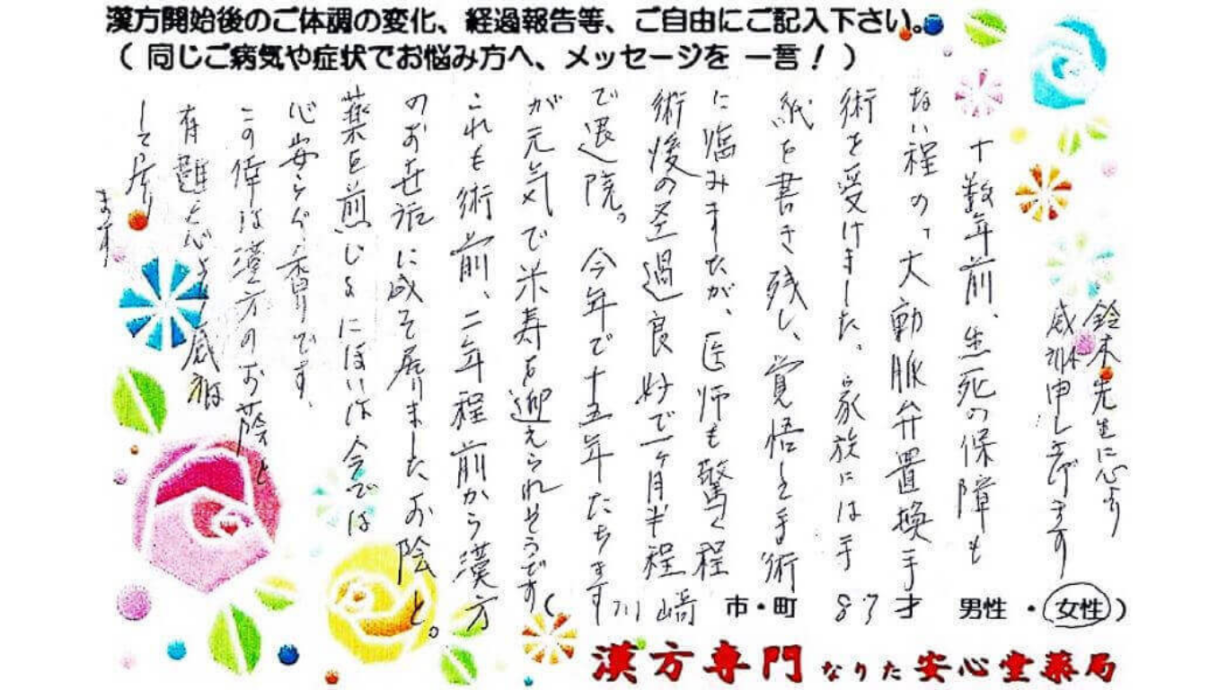 大動脈弁狭窄症の症状でご相談に来られた川崎市在住の87才女性。置換手術後13年。煎じ薬、瓊玉膏を服用中。漢方相談で体調改善を実感されたご相談者様の直筆体験談（なりた安心堂薬局）　