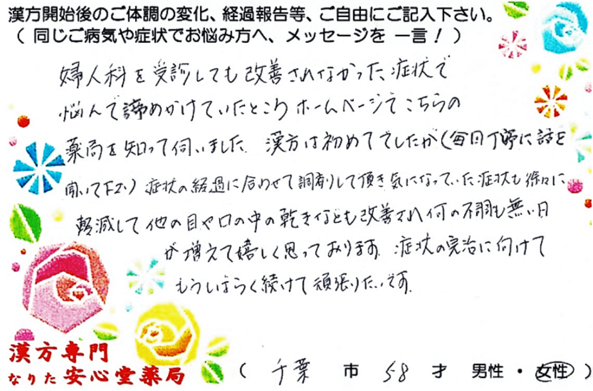 萎縮性膣炎 帯状疱疹 裂肛でご相談の千葉市在住、58才女性の声。