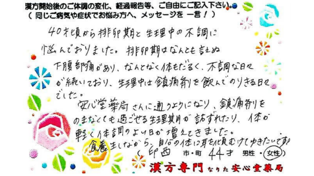 排卵痛 生理痛 倦怠感　印西市 44才 女性