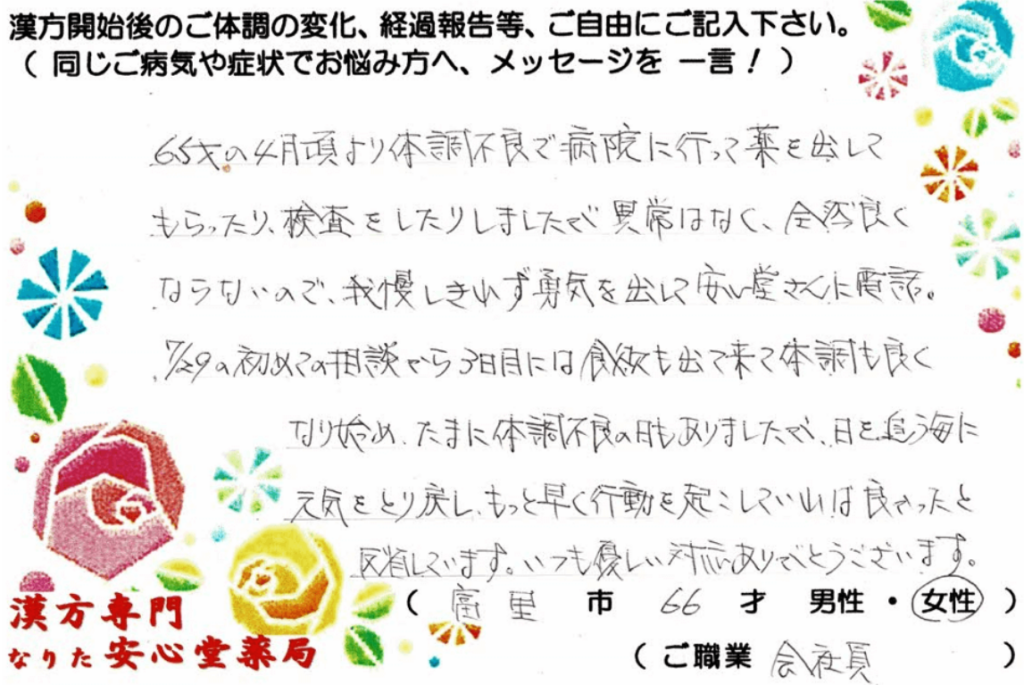 慢性胃炎、逆流性食道炎、こむら返りの症状でご相談に来られた、富里市在住の66才女性。漢方相談で体調改善を実感されたご相談者様の直筆体験談(なりた安心堂薬局)