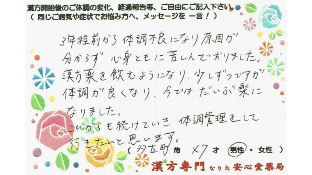 男性更年期、自律神経失調、不眠の症状でご相談に来られた、多古町在住の47才男性。漢方相談で体調改善を実感されたご相談者様の直筆体験談（なりた安心堂薬局）