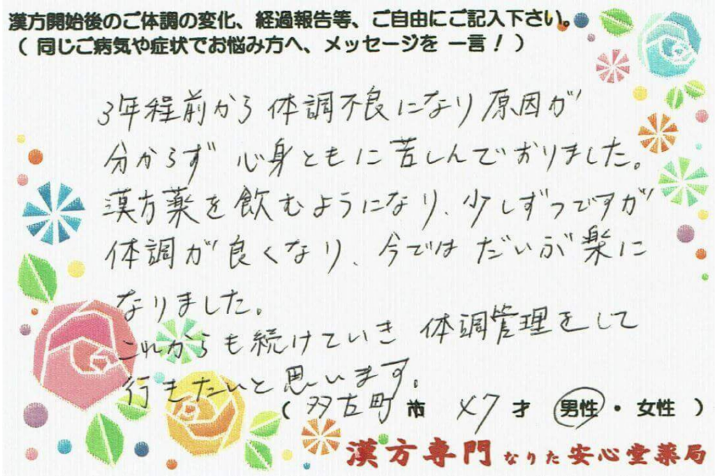 男性更年期、自律神経失調、不眠の症状でご相談に来られた、多古町在住の47才男性。漢方相談で体調改善を実感されたご相談者様の直筆体験談(なりた安心堂薬局)