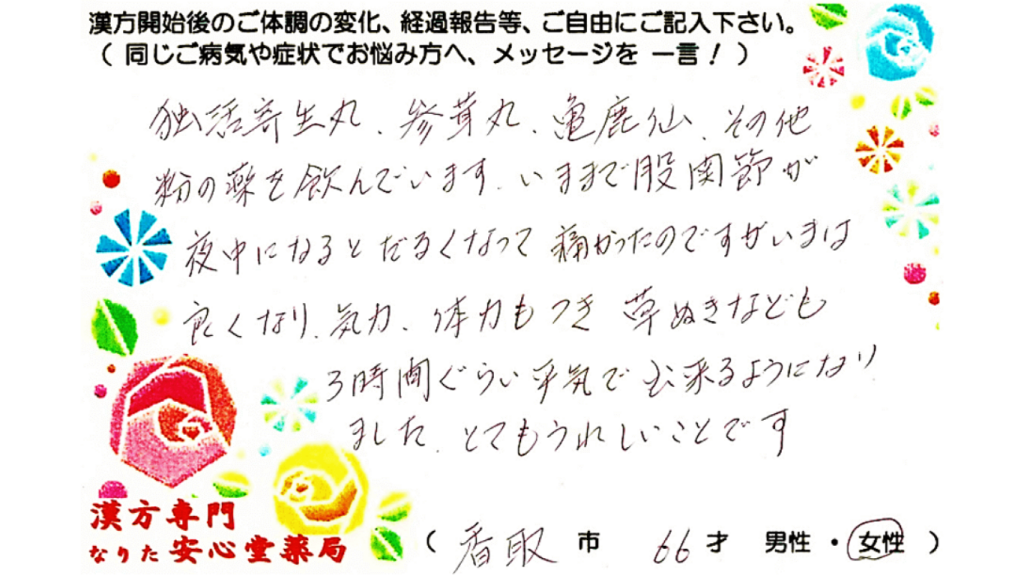 胸膜中皮腫、子宮筋腫、股関節痛のご相談に来られた66才、香取市在住女性。独活寄生丸、双料参茸丸、亀鹿仙を服用中。漢方相談で体調改善を実感されたご相談者様の直筆体験談（なりた安心堂薬局）