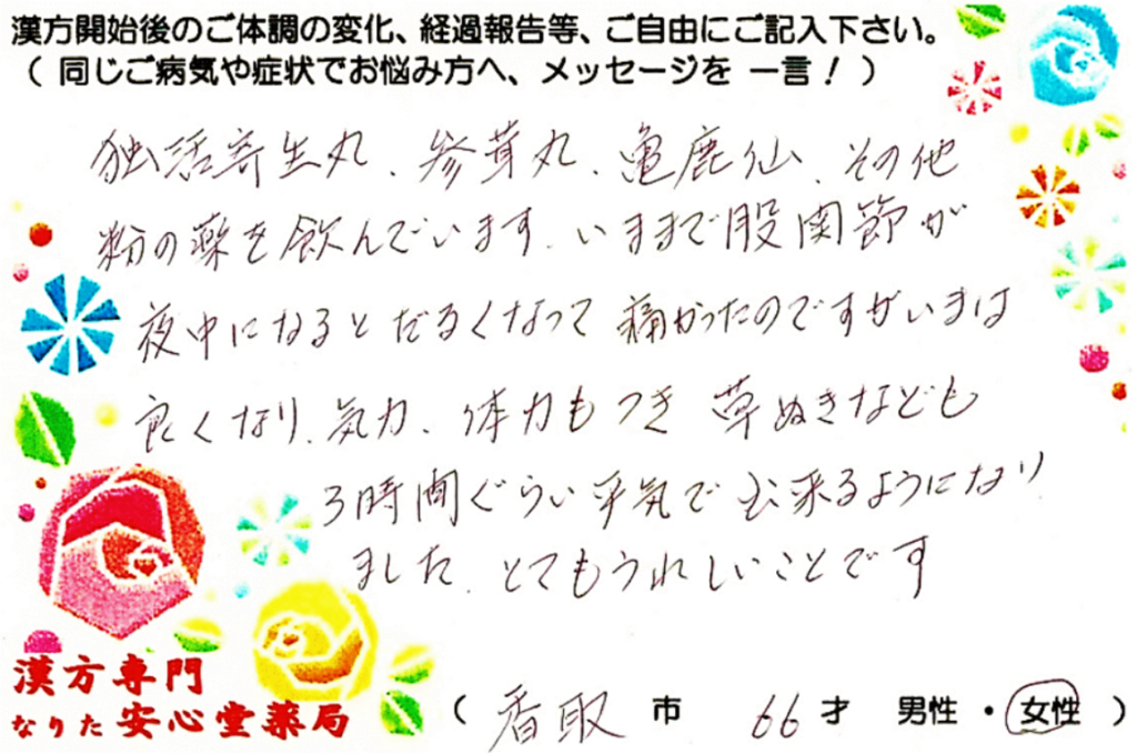 胸膜中皮腫、子宮筋腫、股関節痛のご相談に来られた66才、香取市在住女性。独活寄生丸、双料参茸丸、亀鹿仙を服用中。漢方相談で体調改善を実感されたご相談者様の直筆体験談(なりた安心堂薬局)