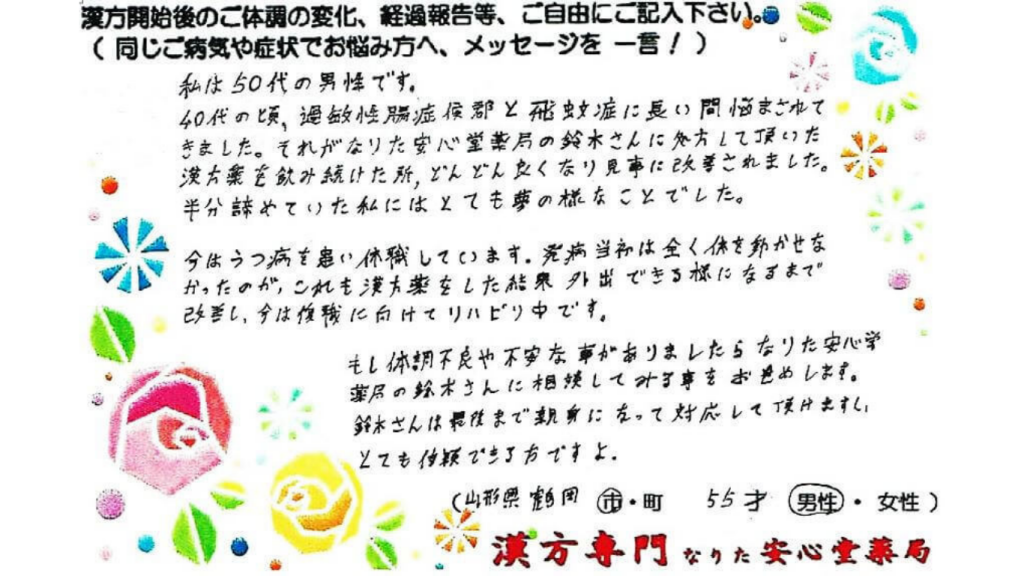男性更年期　過敏性腸症候群　うつ　55才　山形県　鶴岡市　男性
