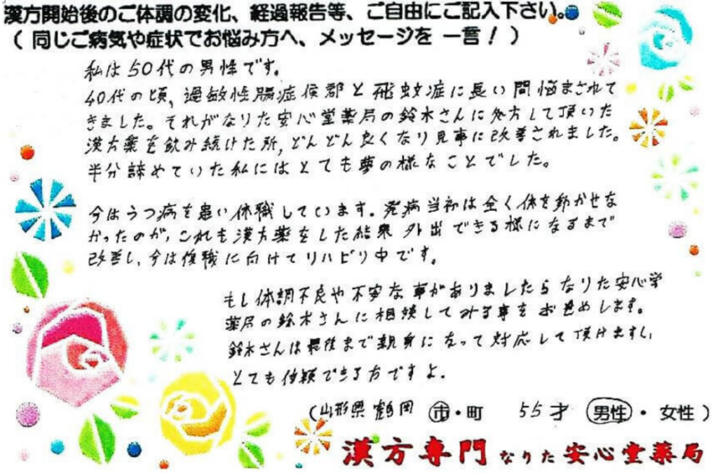 男性更年期 過敏性腸症候群 うつ 55才 山形県 鶴岡市 男性