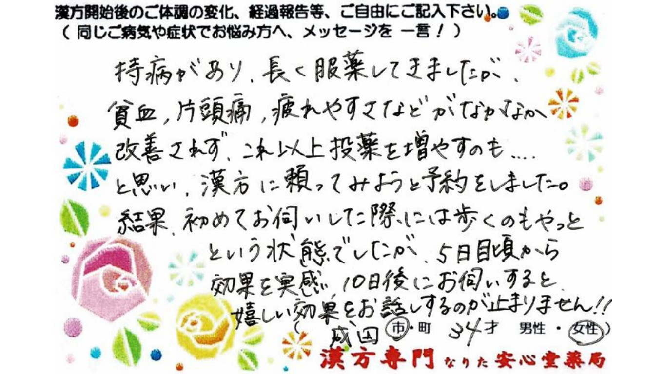 混合性結合組織病（ステロイド 免疫抑制剤 服用中）の症状があり、ご相談に来られた成田市在住の34才女性。不妊治療中（貧血、片頭痛、息切れの症状もあり）漢方相談で体調改善を実感されたご相談者様の直筆体験談（なりた安心堂薬局）