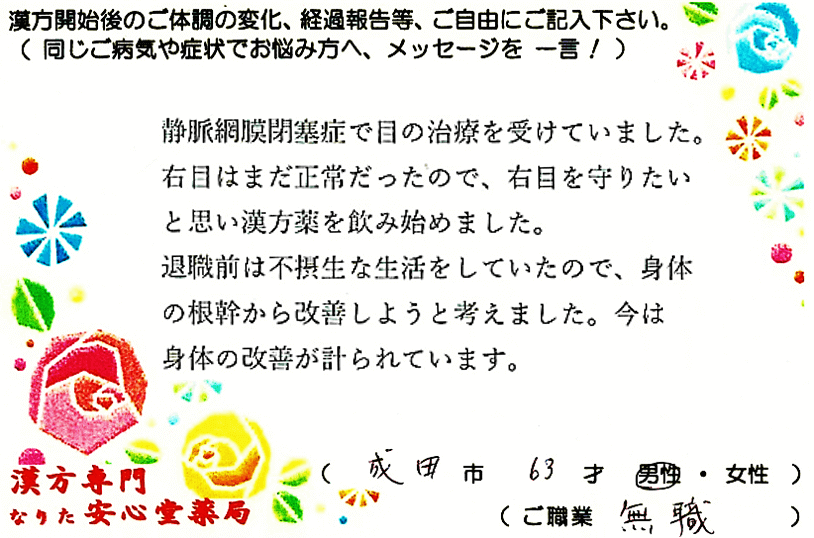 網膜中心静脈閉塞症　糖尿病　成田市　63才　男性