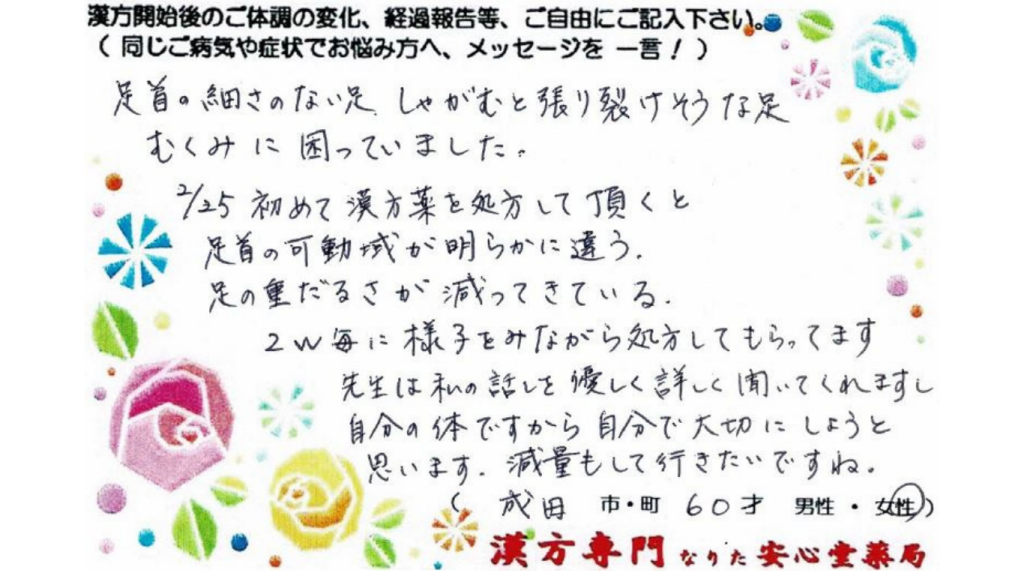 下肢浮腫み　ダイエット　眼精疲労　成田市　60才　女性