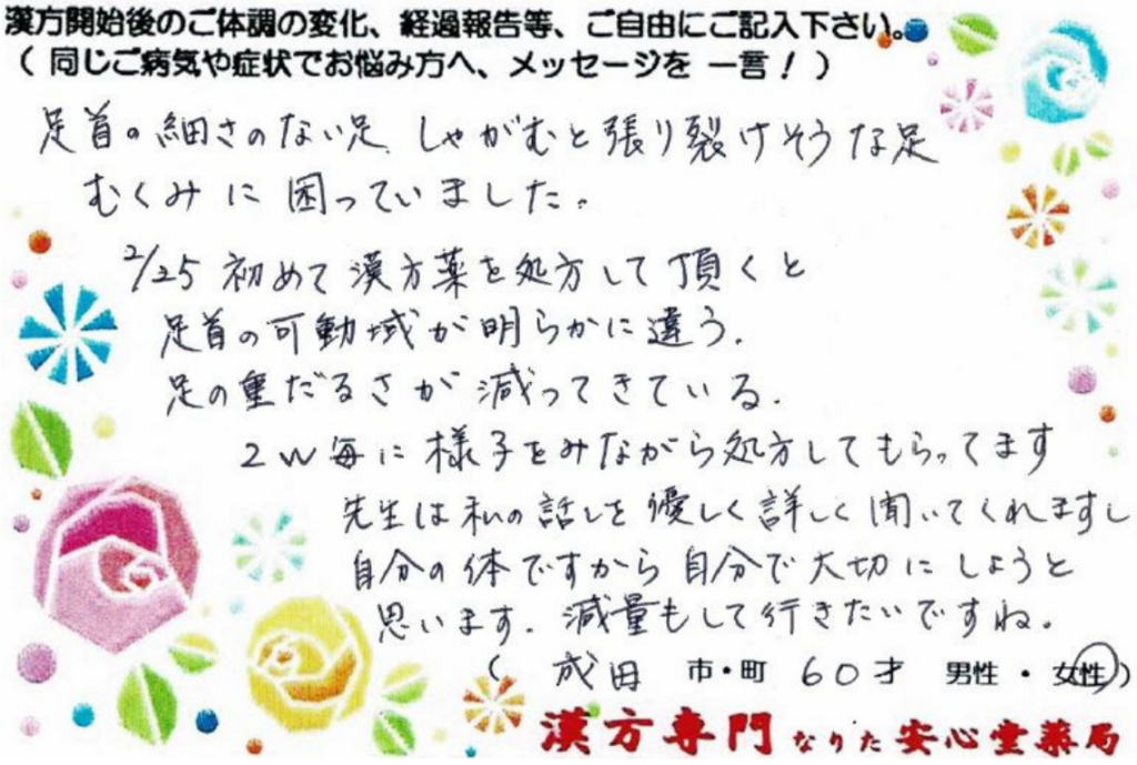 下肢浮腫み ダイエット 眼精疲労 成田市 60才 女性