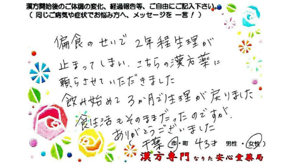 続発性無月経、摂食障害、逆流性食道炎の症状でご相談に来られた、千葉市在住の43才女性。漢方相談で体調改善を実感されたご相談者様の直筆体験談（なりた安心堂薬局）　