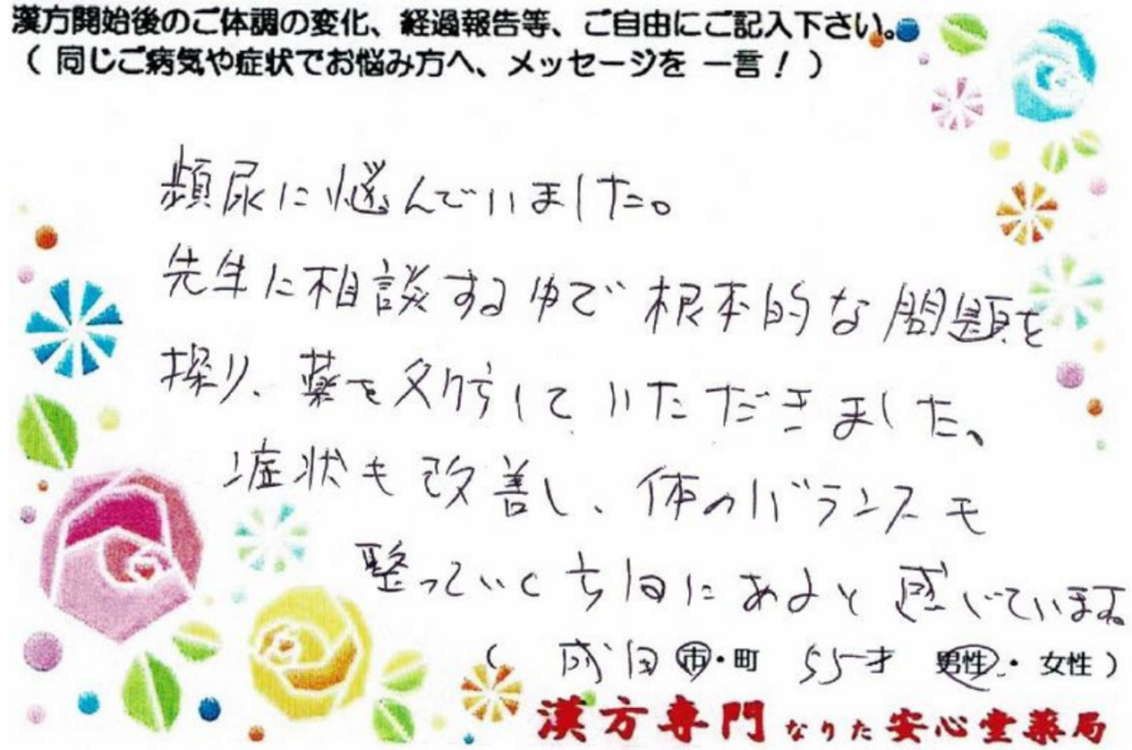夜間頻尿 AGA(男性型脱毛症)男性更年期 でご相談の成田市在住、55才男性の声。