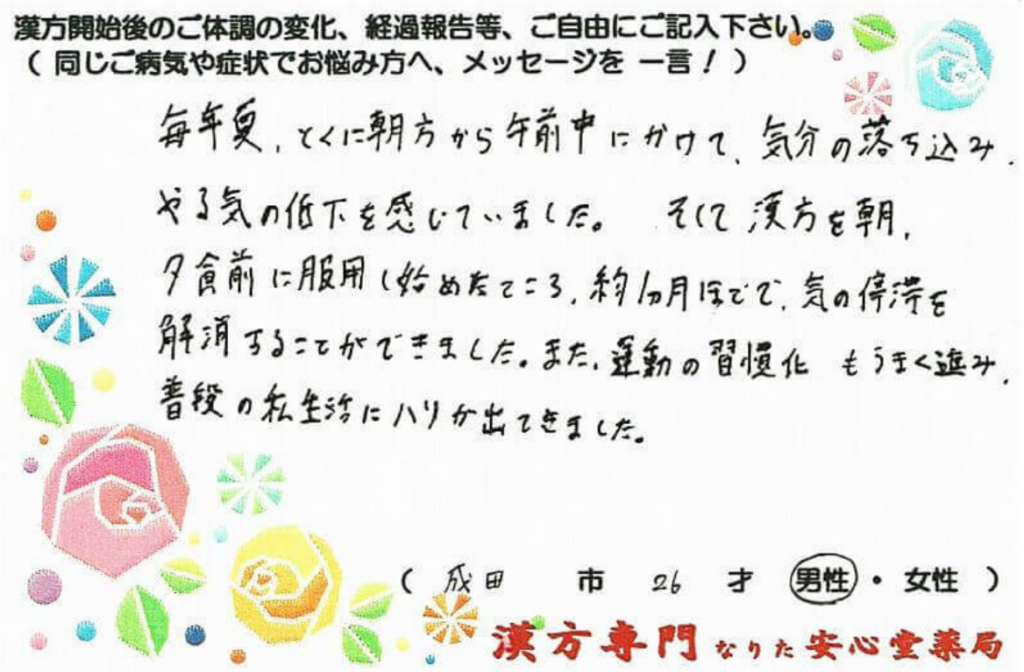 無気力 落ち込みでご相談の成田市在住、 26才男性の声。