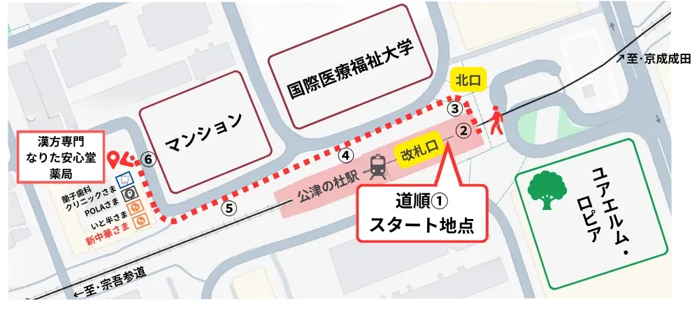 漢方専門なりた安心堂薬局に電車でお越しの方へ、店舗までをご案内するアクセスマップ